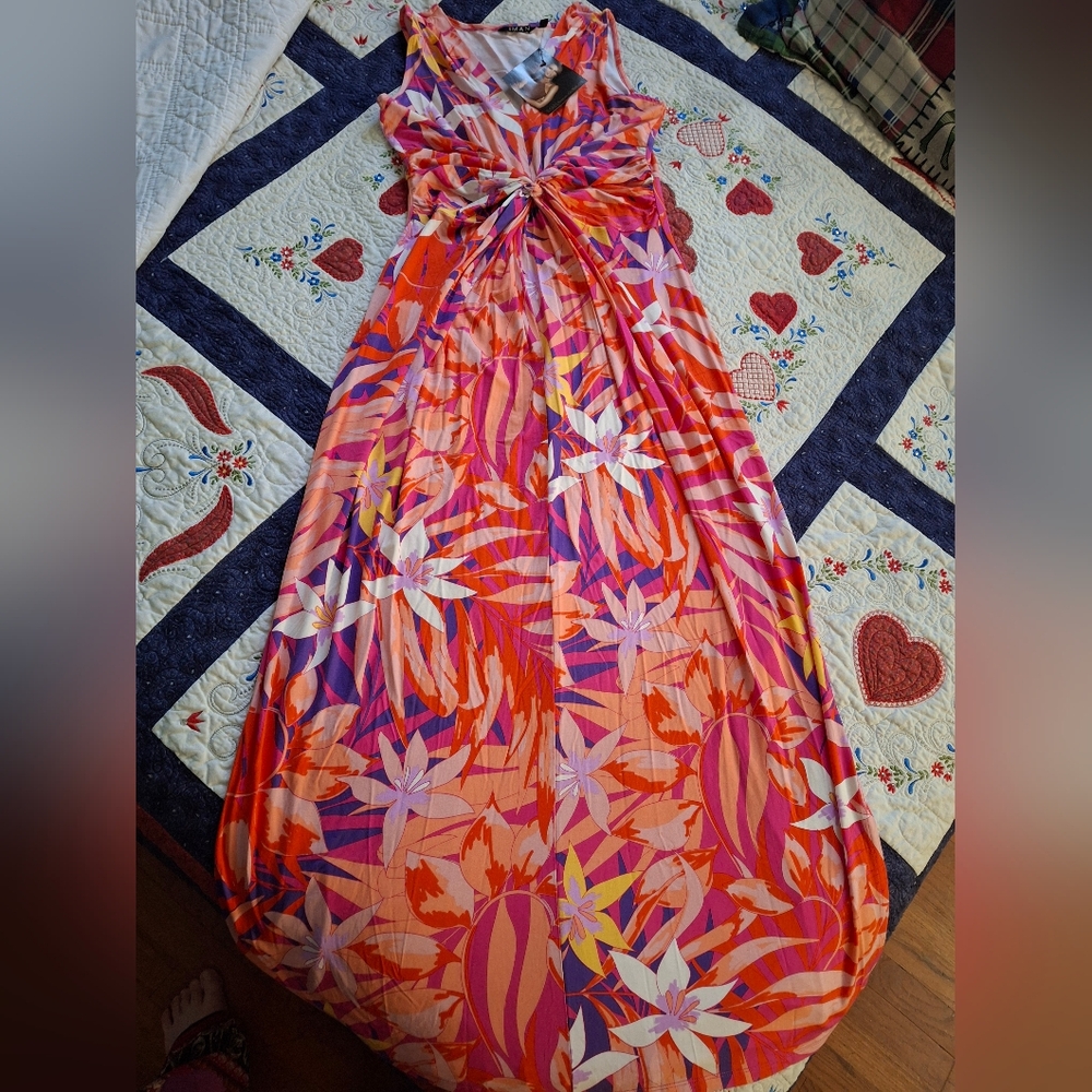 IMAN Global Chic Floral Women's Med Maxi Dress Twist Front Flowy Rayon NWT - Picture 12 of 12